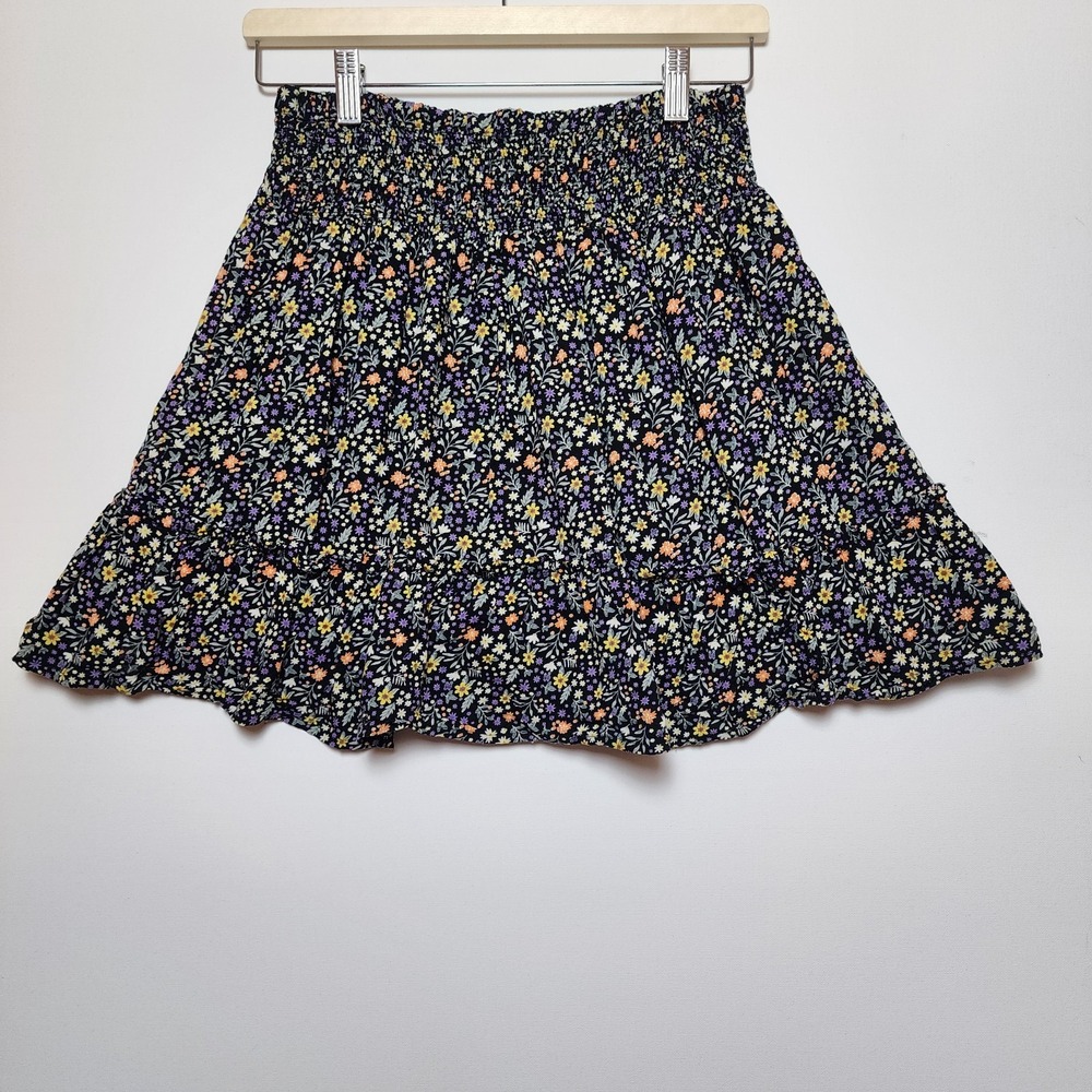 Twik Floral Ditsy Print Smocked Waist Ruffle Mini Skirt Black Medium